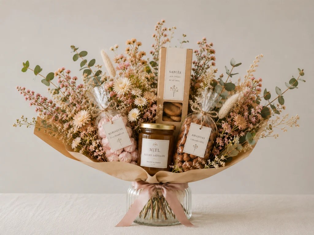 Bouquet gourmand composé de douceurs et de fleurs réalisé par L'Arbre à Fées.