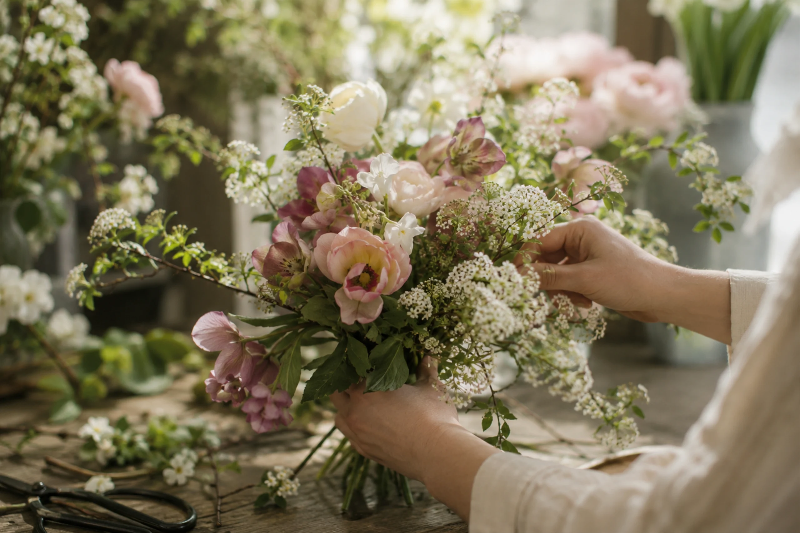 Fleuriste réalisant une composition florale à la main.